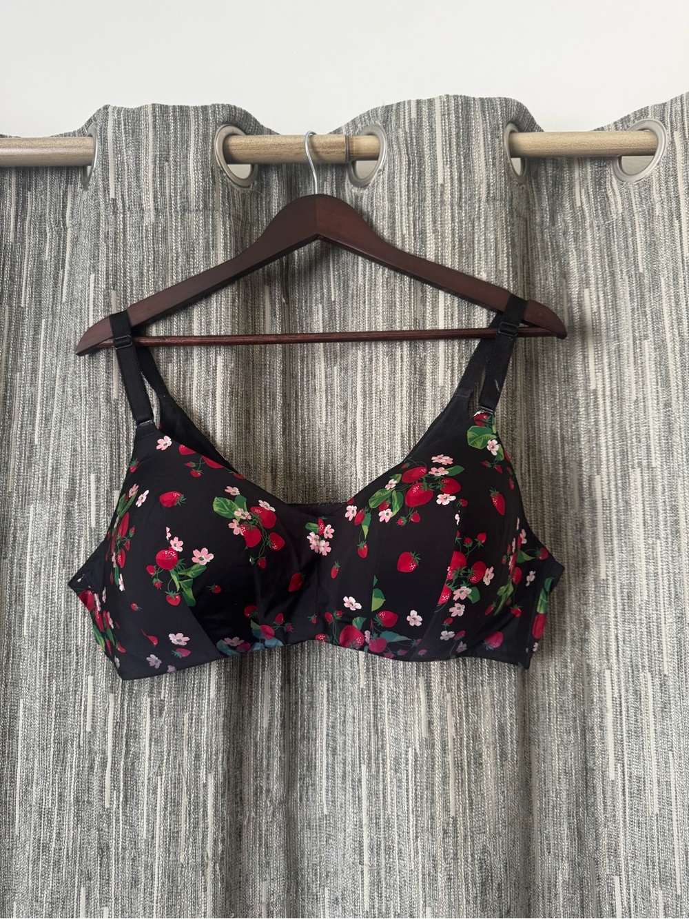 Wireless Floral Print Bra in Black with Red & Green Accents
